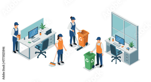 Isometric office cleaning crew managing waste and maintaining hygiene