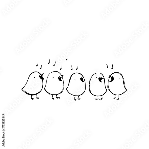 A whimsical garden scene with abstract lollipop trees and floating bubbles in black and white outline style