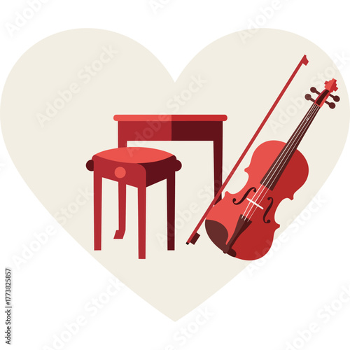 Violin and Furniture in Heart Shape bow stringed instrument music musical table stool illustration