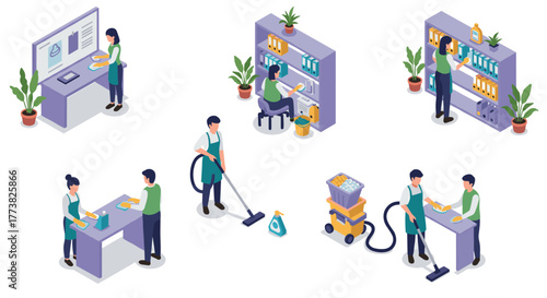 Office cleaning activities in isometric style featuring workers and supplies