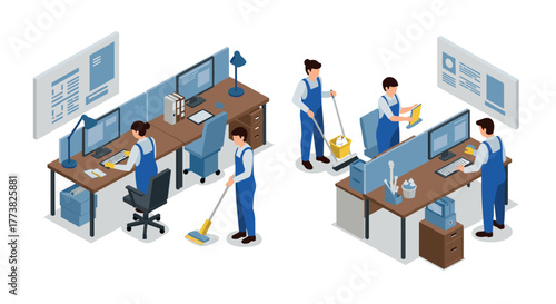 Isometric office workers cleaning and organizing modern collaborative workspace