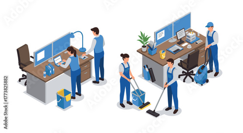 Isometric office cleaning team at work professional janitors in modern workspace environment