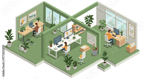Modern isometric office interior with plants and people working at desks