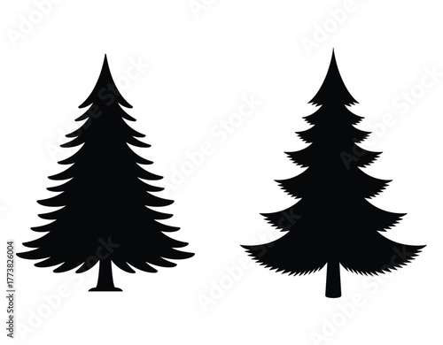Minimalist Christmas Pine Tree and Whimsical Forest Nature Outline Coloring Page Set Vector