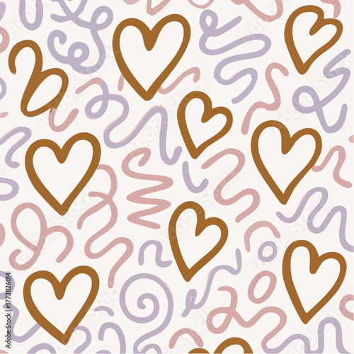 whimsical heart scatter pastel squiggles playful looped romance pattern doodle confetti surface