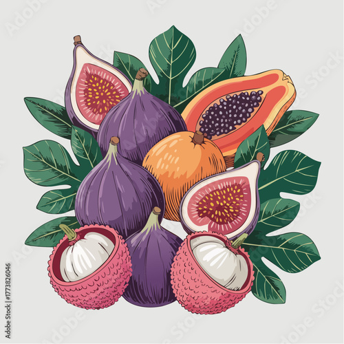 tropical fig and papaya medley lush lychee harvest vibrant seaside market still life
