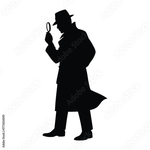 Detective or Investigator Man Silhouette Holding Magnifying Glass in Trench Coat Vector
