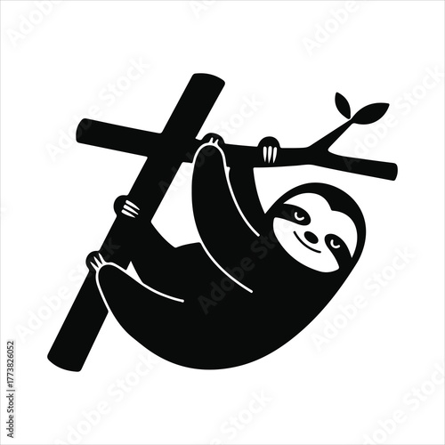 Sloth hanging upside down on a branch illustration cartoon icon vector graphic design isolated on white background smiling jungle rainforest animal character mascot art