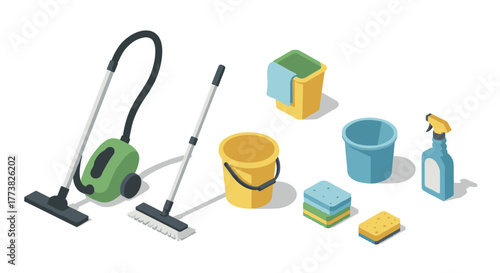 Isometric cleaning equipment vacuum, buckets, and supplies for home maintenance