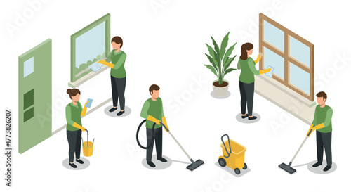Isometric cleaners home and office maintenance in action with modern equipment