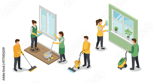 Isometric home cleaning scene with diverse cleaning activities and tools