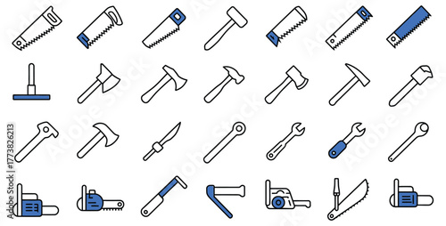 Essential woodworking tools in a modern line icon style, perfect for construction, renovation, or DIY design projects, showcasing saws, hammers, axes, wrenches, and chainsaws