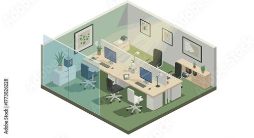 Modern office workspace with desks and green decor in isometric design