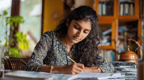 Young indian woman student studying at home, writing notes with pencil. Education learning concept for school, college or university. Teenage girl do homework. Female teenager in India.