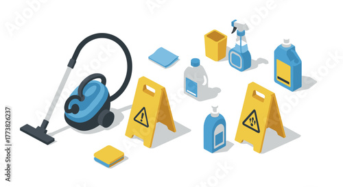 Isometric cleaning supplies and safety signage for professional hygiene maintenance