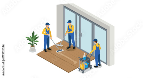 Isometric cleaning crew with equipment near large glass doors