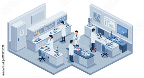 Modern isometric science laboratory with researchers and advanced equipment