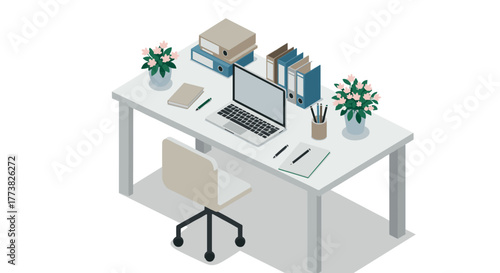 Modern office desk isometric design with laptop and stationery items