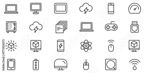 Sleek minimalist tech icons for modern design projects including mobile, desktop, gaming, and data storage, perfect for website design, app interfaces, and technology presentations