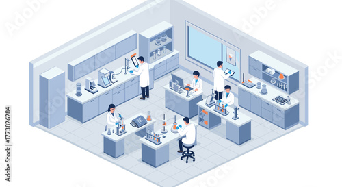Modern isometric laboratory with scientists conducting experiments and research in a hightech environment