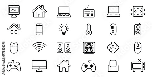 Explore modern smart home automation technology with sleek line icons for connected living and innovative IoT systems, wireless devices, and energy efficient appliance control