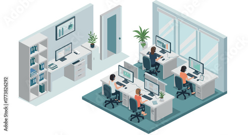 Modern office isometric design with people working at computers in open space concept
