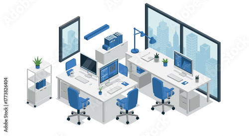 Modern isometric office workspace with computers and cityscape view