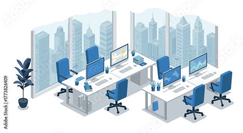 Modern office workspace with city view and digital devices in isometric style