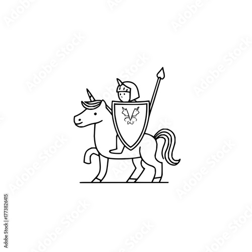 Line art of a knight with bunny ears riding a horse holding a shield and spear in black and white style