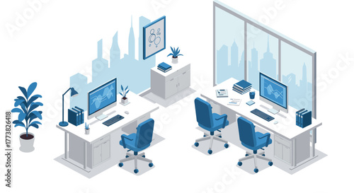 Modern isometric office workspace with desks, computers, and city view