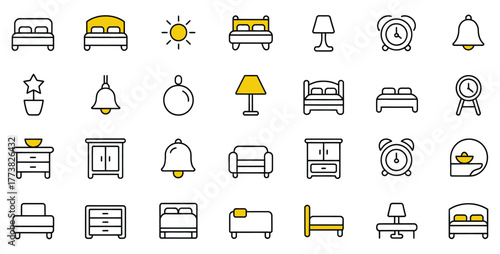 Create your dream bedroom with this stylish furniture icon set perfect for home design projects and interior decorating showcasing beds, lamps, and clocks with a modern minimal style