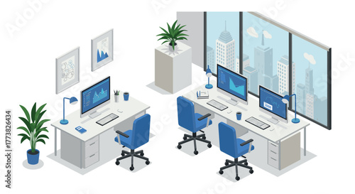 Modern office workspace with computers in isometric city view