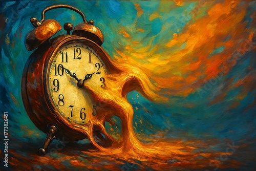 Surreal clock dissolving into motion symbolizing the fragility and fleeting nature of time