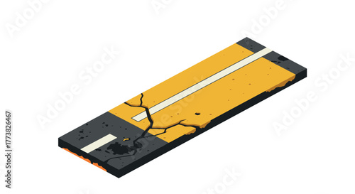 Isometric road segment with cracks and asphalt damage icon