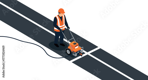 Road marking worker painting road lines with machine in isometric illustration