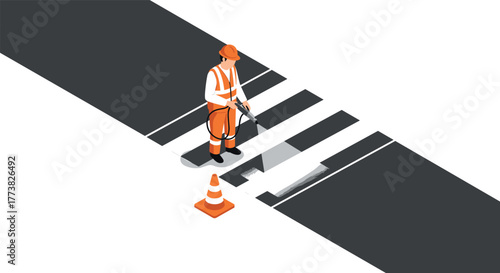 Isometric road worker creating pedestrian crossing with safety cone present
