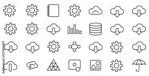 WebUnlock seamless workflow with this versatile icon set featuring cloud computing, gears, database, and other essential elements for modern tech and business solutions