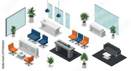 Modern office furniture isometric set with desks, chairs, and plants in workspace design