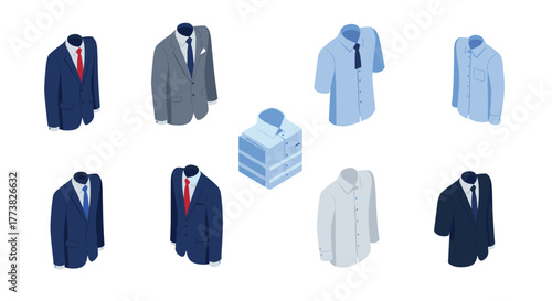 Business and formal attire collection isometric perspective of suits and dress shirts