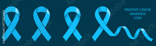 Light blue ribbon icons for prostate cancer awareness for men. Cancer ribbons vector illustration for hope campaign banner, Movember movement poster, patient motivation, charity and support (Isolated)