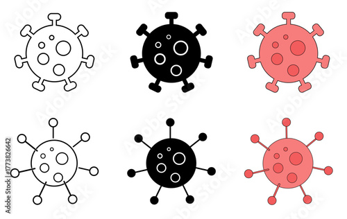 Cancer cell icons- outline, silhouette and coloured style. Cancerous cells icon set for medical research. Vector illustration for germs, virus, contamination, pathogen, oncology and science (Isolated)