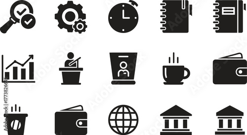 Set of solid black business icons for web and print use