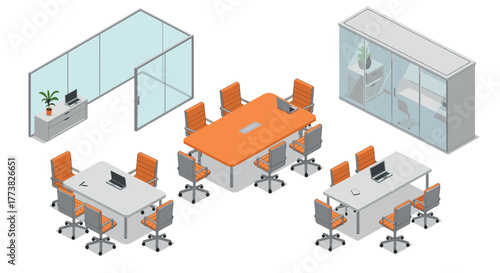 Modern isometric office interior with meeting rooms and conference tables