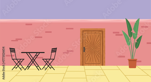 A simple outdoor setting with a table chairs and a wooden door