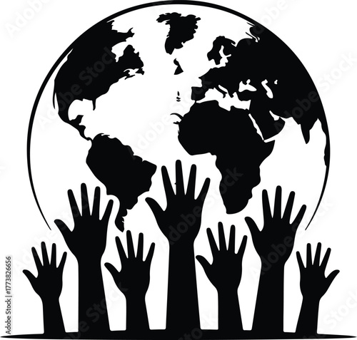 Diverse hands reaching up towards a stylized globe illustration