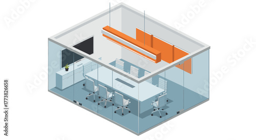 Modern office meeting room with glass walls and orange accents in isometric style