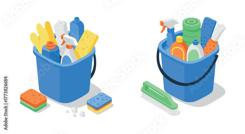 Flat design cleaning supplies in blue buckets soap, brushes, sponges, and gloves