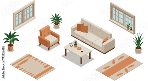 Cozy isometric living room with modern furniture and indoor plants for interior design