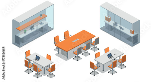 Modern isometric office meeting room with orange furniture and cabinets