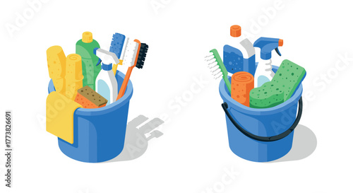 Isometric cleaning supplies in blue buckets for home and office maintenance